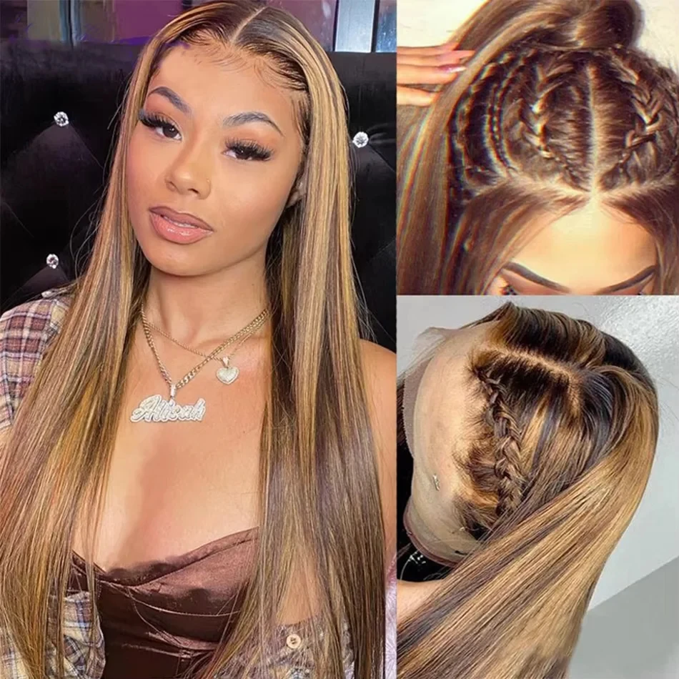 Peluca recta ombré resaltada de 32 pulgadas P4/27 Rubio 200% densidad 13x4 Hd pelucas de cabello humano de color frontal de encaje prearrancadas para mujeres