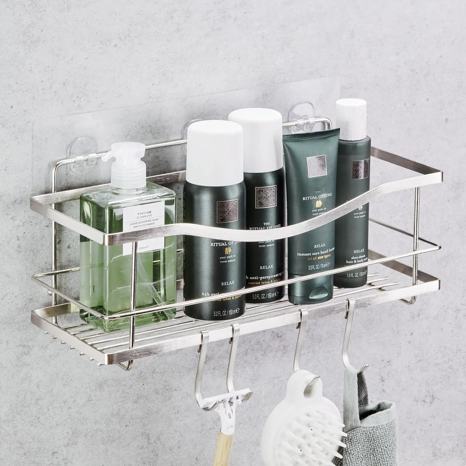 

Premium Self-Adhesive Shower Caddy with 4 Hooks, Rustproof Stainless Steel Bathroom Organizer, Silver