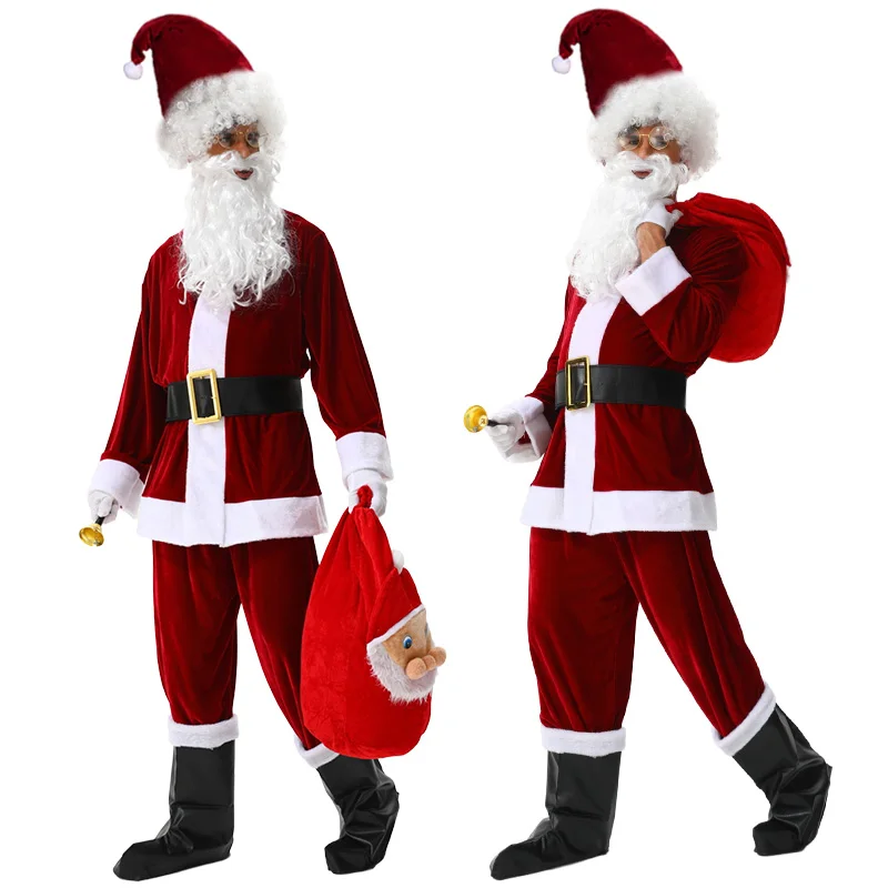 Weihnachtsmann-Kleidung, Weihnachts-Performance-Kostüme, Sets für Erwachsene für Männer und Frauen, Kostüme aus goldenem Samt, Cosplay-Kostüme