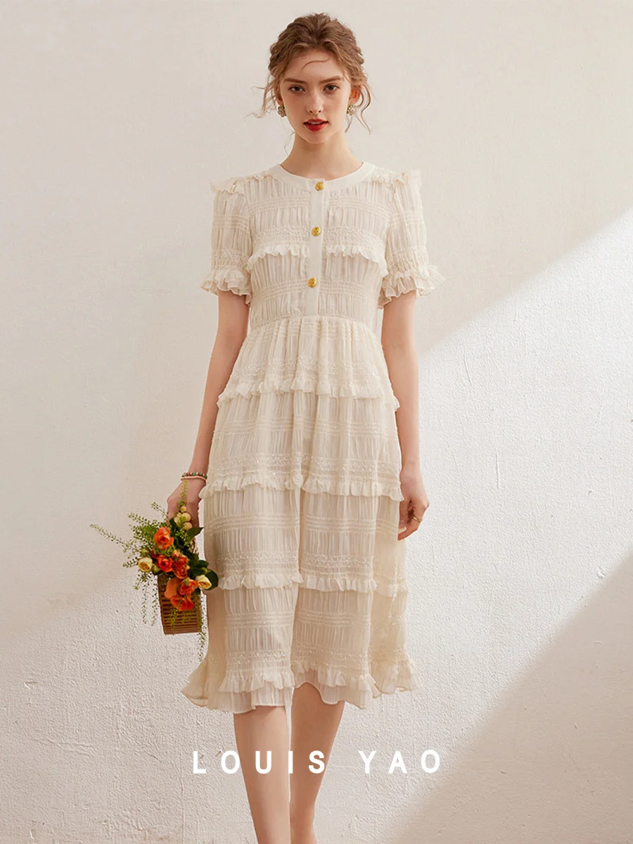 LOUIS YAO 2025 Summer Texture Fine Shining Dress with Aging Reduction Lace Round Neck Long Sleeved Short Sleeve Women's Dress