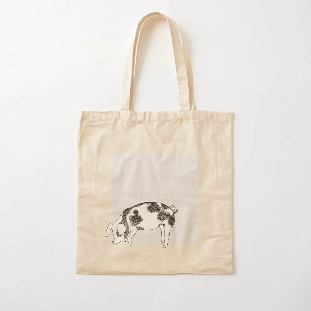 

Pig with cow spots black and white ink hand drawn style nose down sniffing for food swine HD High Quality Online Store Tote Bag