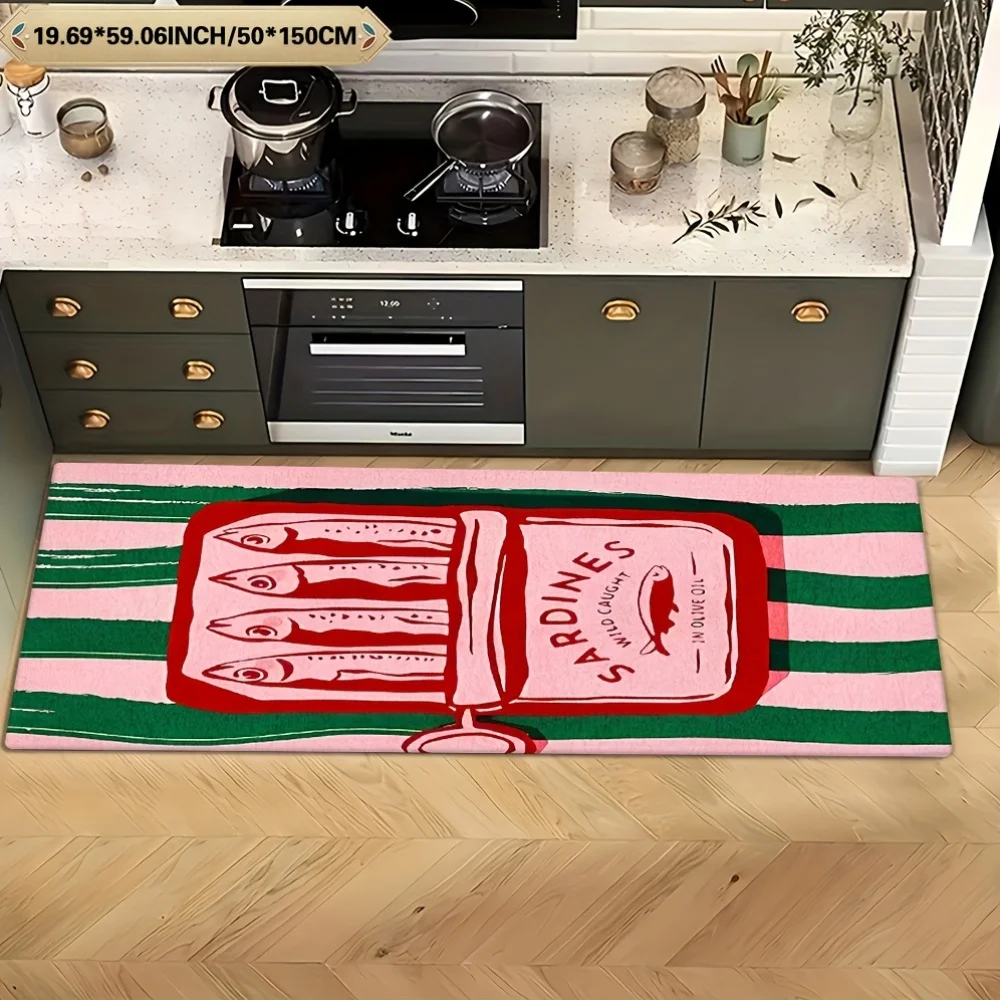 Vintage Sardinen-Dosen Küchenläufer aus Flanell, rutschfest, 50x120cm, weich, waschbar, rosa-grün gestreift, Bodenmatte