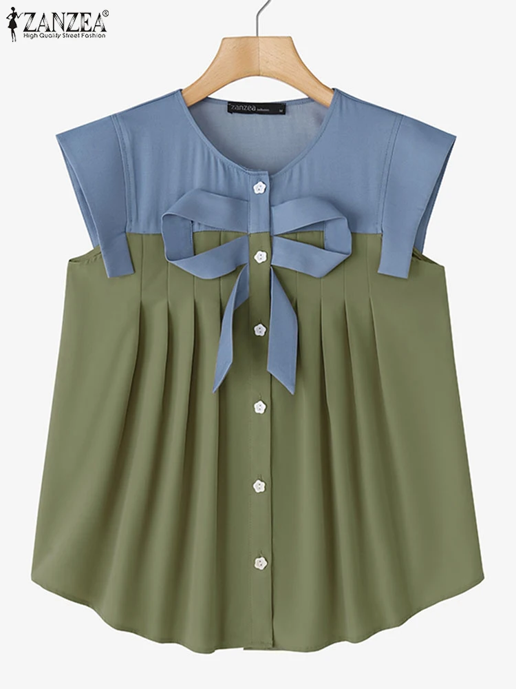 

ZANZEA Elegant Tunic Casual Patchwork Tops Women Office Shirts 2025 Summer Sleeveless Bow Blouses Vintage O-Neck Blusas Female
