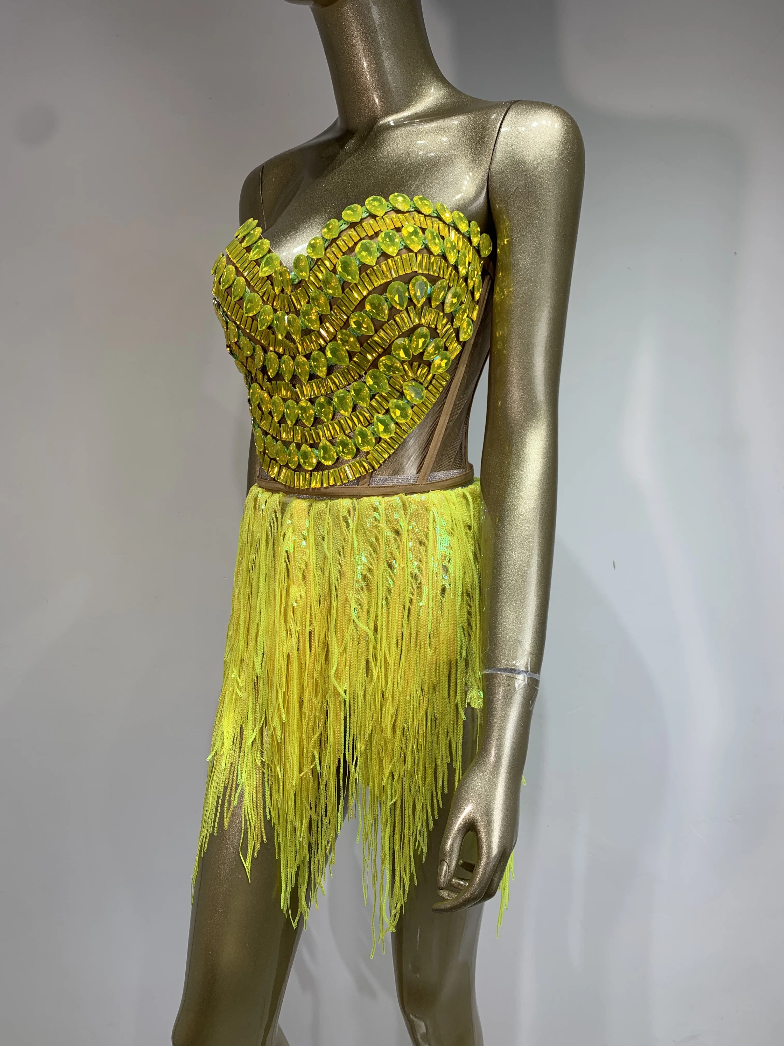 Ensemble jupe courte sexy pour femmes, glands scintillants en strass, robe de soirée, costume de scène de chanteuse de discothèque