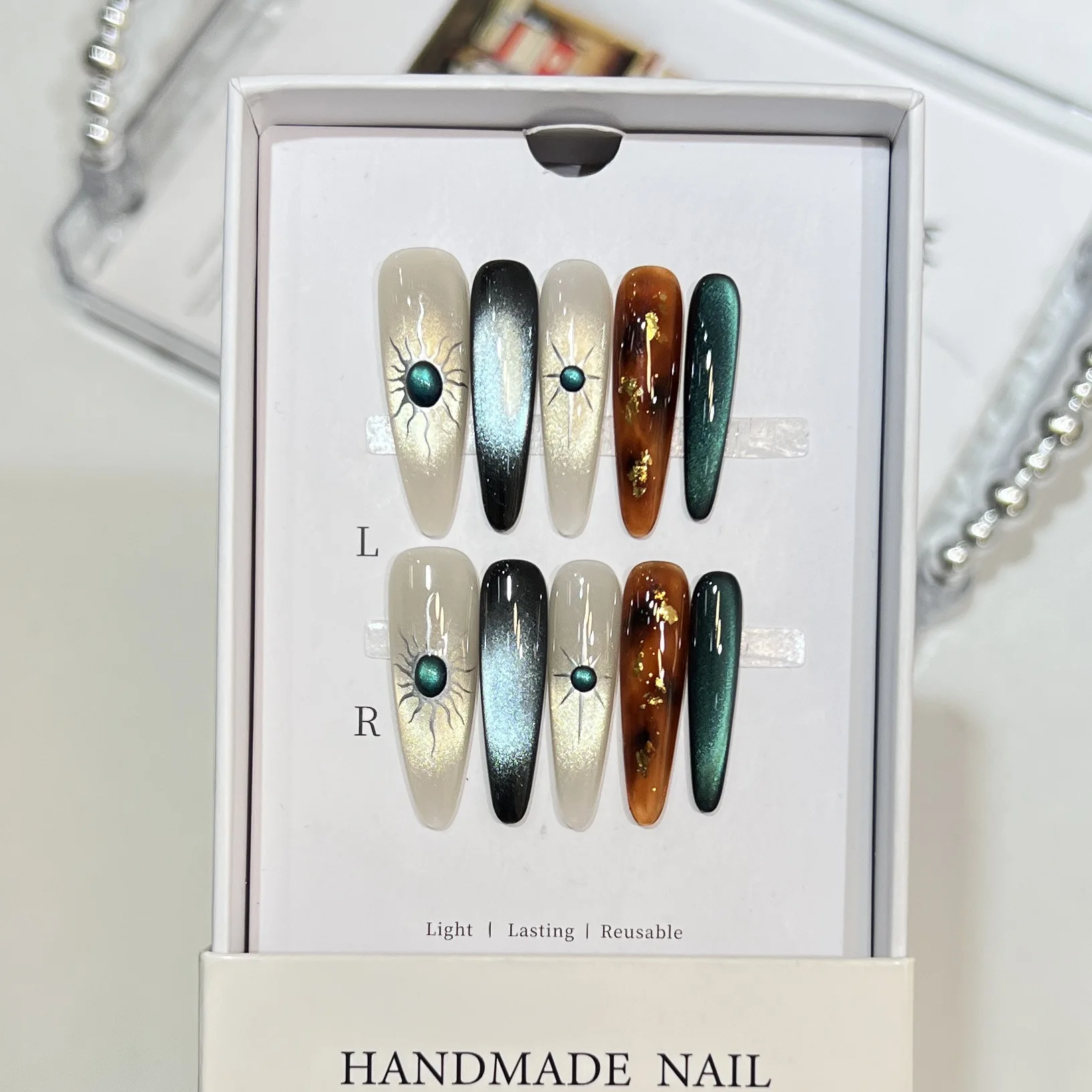 10 قطع اليدوية الأظافر وهمية الخريف والشتاء ارتداء مسمار قطعة ليوبارد طباعة الذهب احباط الزجاج القط العين مسمار الفن الأظافر وهمية #2