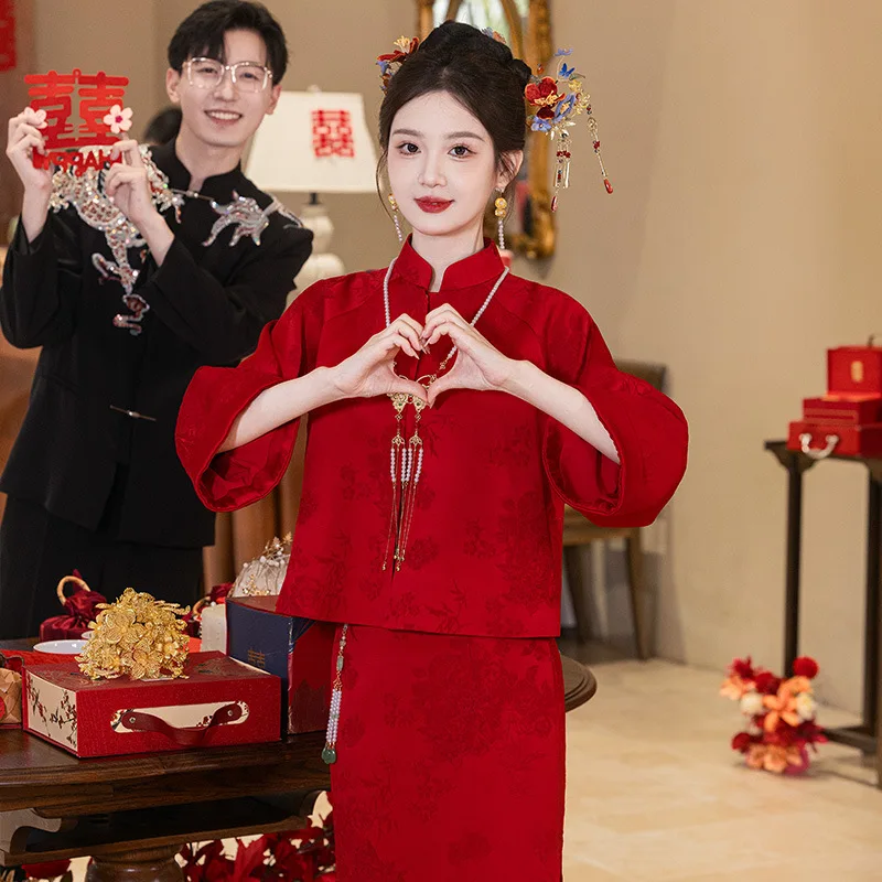 

Chinese Style Engagement Dress Autumn and Winter Small Wedding Toast Clothing Design Sense Back-to-Door Banquet Two-Piece Set