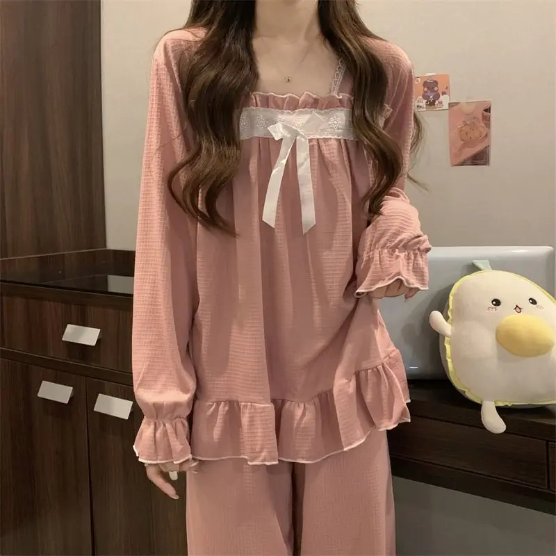 Square Collar Sleepwear Women Pajama Sets Lace Piiama Autumn Pants Sets for Women 2 Pieces Long Sleeve Night Wears Bow Home Suit