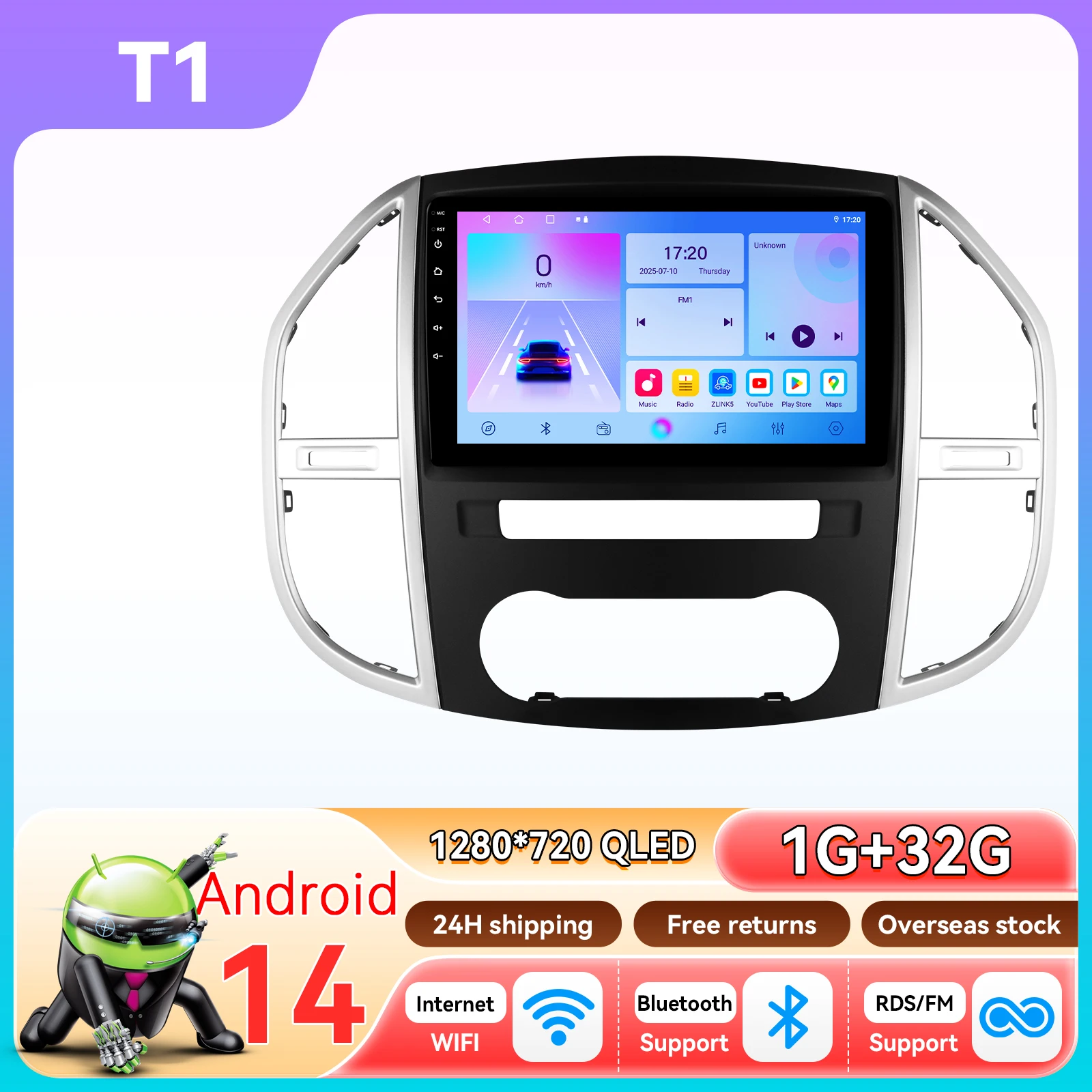 Hizpo 2 DIN Android 14 autoradio voor Mercedes Benz Vito 3 W447 2014-2021 met QLED scherm, multimediaspeler, 4G stereo, CarPlay, head unit, WIFI, RDS en BT.