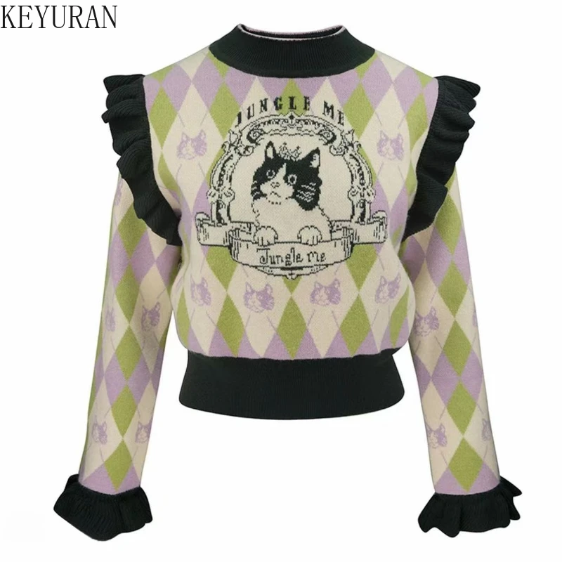 

Vintage Stylish Ruffles Argyle Pullover Sweater Women Autumn Winter Elegant Fashion Cartoon Jacquard Long Sleeve Y2k Top Jumpers