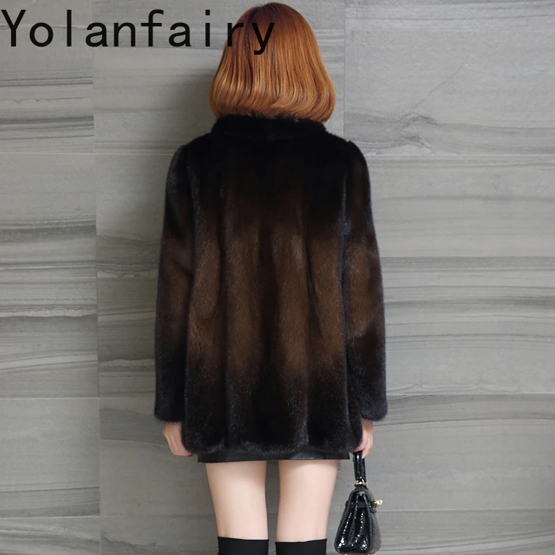 YOLANFAIRY الراقية كله فرو المنك سترة للنساء 2025 الشتاء الفاخرة معطف الفرو الطبيعي امرأة منتصف طول الدافئة الفراء معاطف جاكيتات