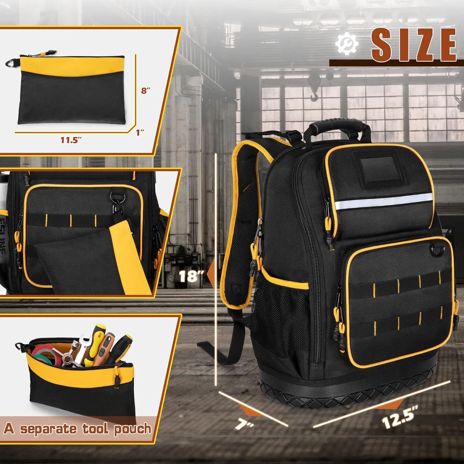 Tool Backpack with Hard Bottom and a Tool Pouch, Heavy Duty Tool Bag with Multiple Pockets and Laptop Sleeve, Black