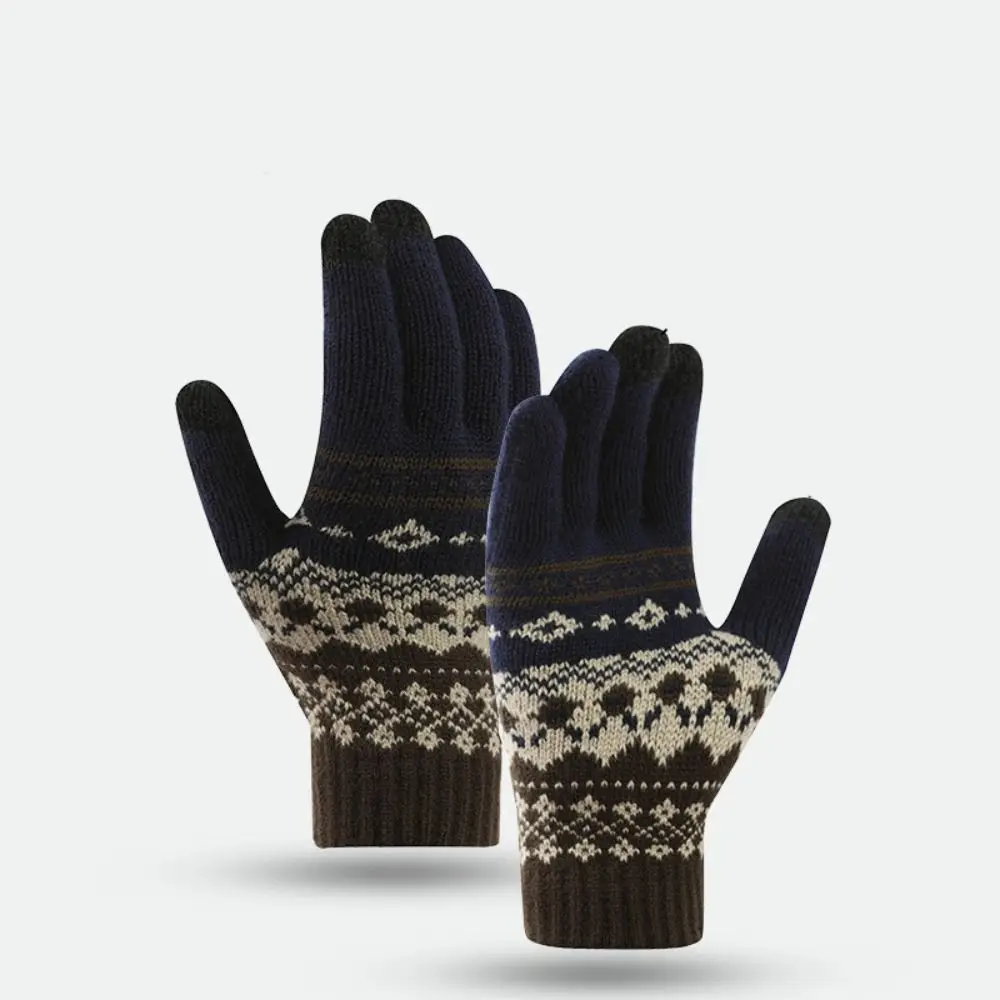 Warm Thick Knitted Gloves Solid Color Driving Gloves Jacquard Gloves Touchscreen Thermal Ethnic Style Gloves Student