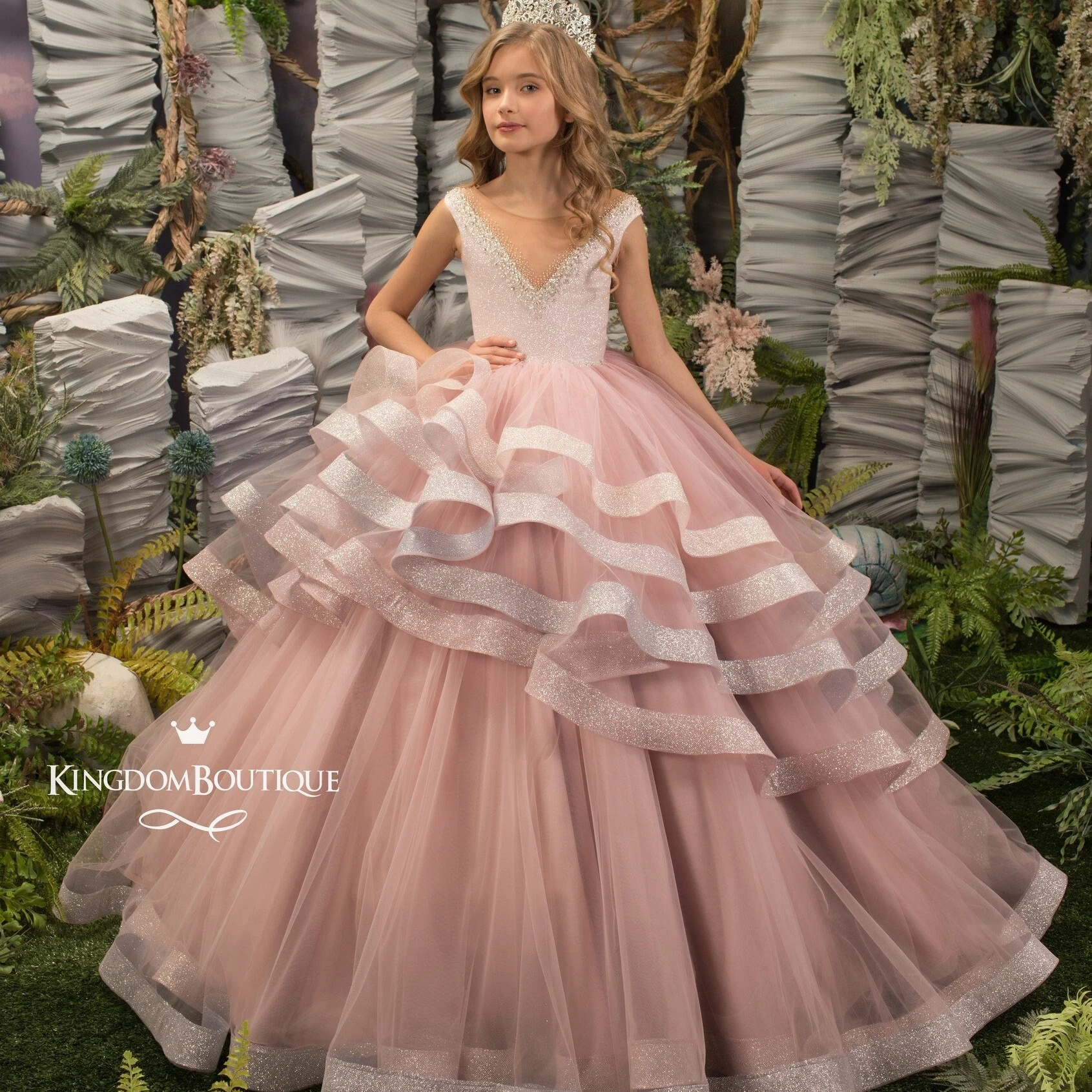 Customized Pink Flower Girl Dress Princess Tulle Skirt with Layers Ruffles Little Gilrs Pageant Gown Holy Communion Dress YFD010