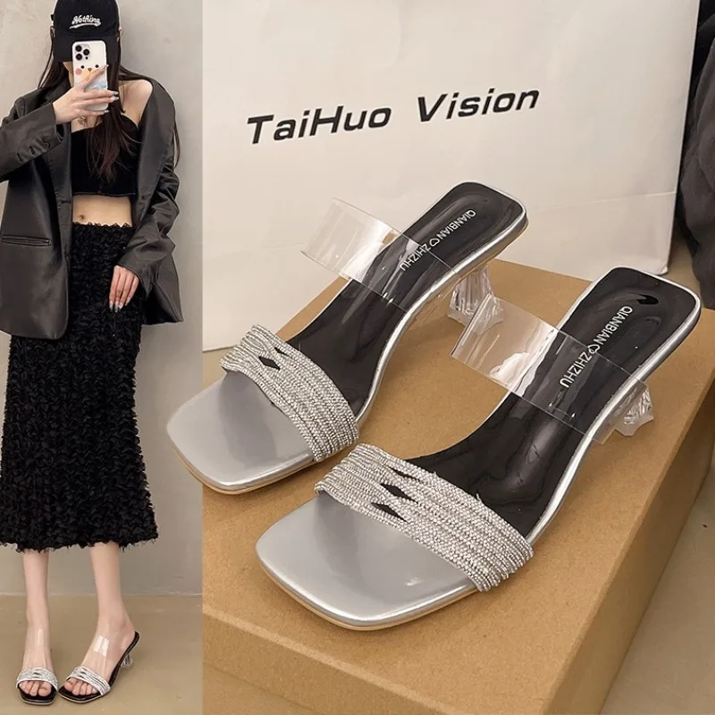 

Square Toe High-Heeled Shoes Lady Glitter Slides Slippers Soft Slipers Women Fashion Rubber Flip Flops Jelly Comfort Summer 2025