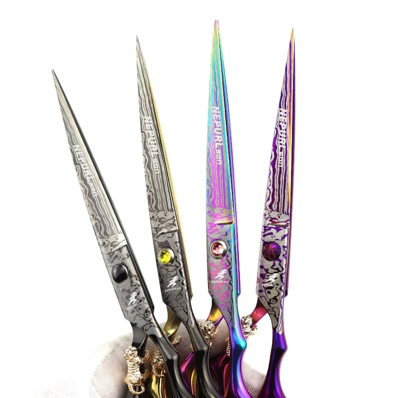 6.0/6.5/7.0 inch black/black gold/purple/colorful Damascus clip small golden tiger  pointed hair scissors, cutting scissors