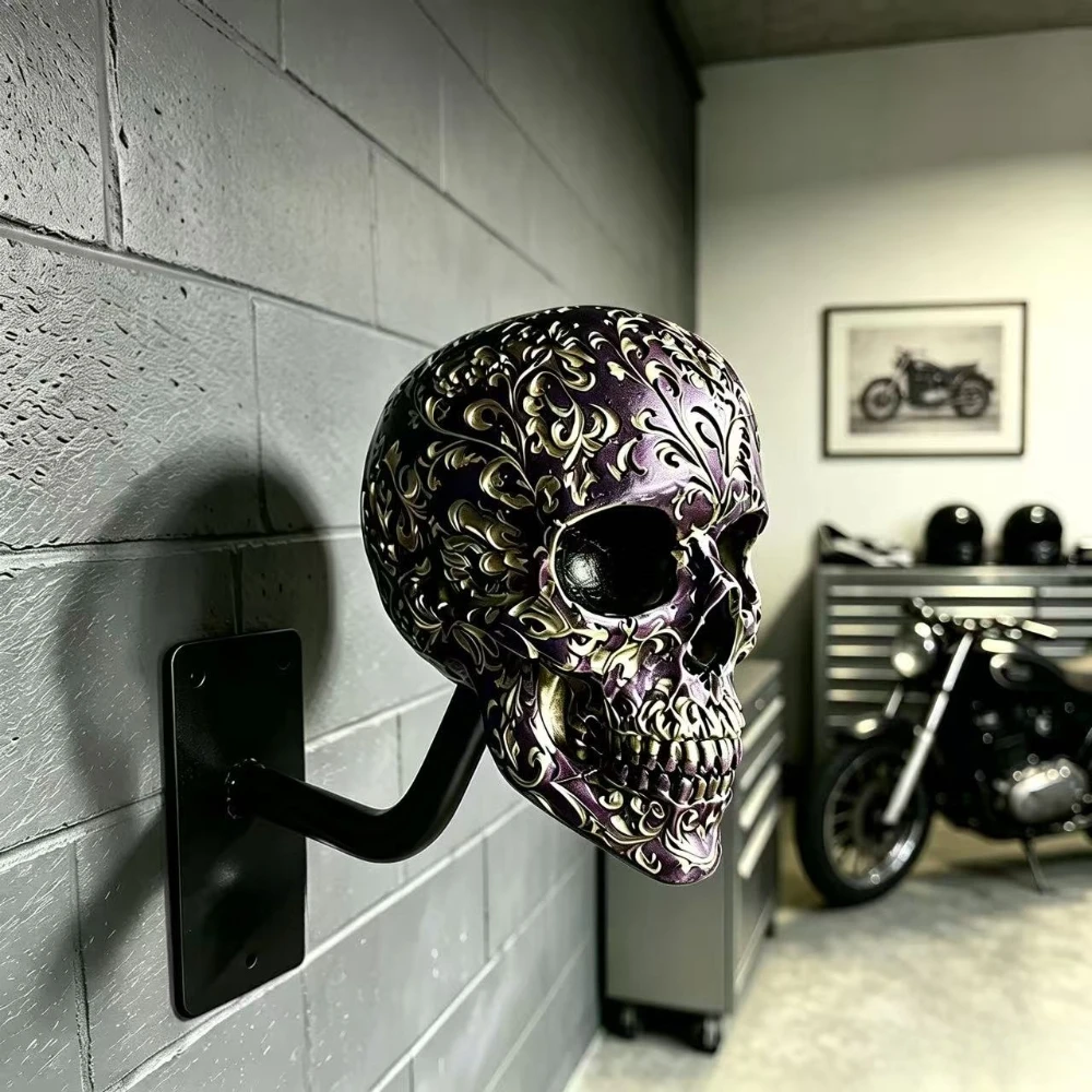 Wall Mounted Skull Helmet Holder Gothic Helmet Display Rack Skull Statue Halloween Home Garage Bar Wall Decor Ornament Gift