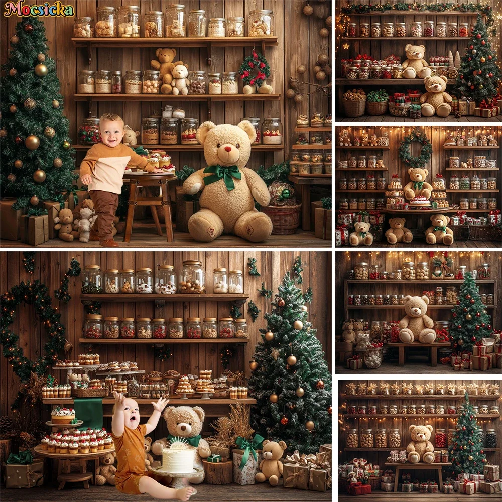 Christmas Gingerbread Cookie House Background Toy Bear Xmas Tree Wooden Backdrop Photobooth Kids Winter Birthday Photo Studio
