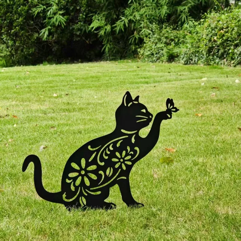 

Creative Wrought Iron Hollow Cat Ornaments Outdoor Garden Flower Arrangement Lawn Landscaping Plug-in Crafts Garden Decoration