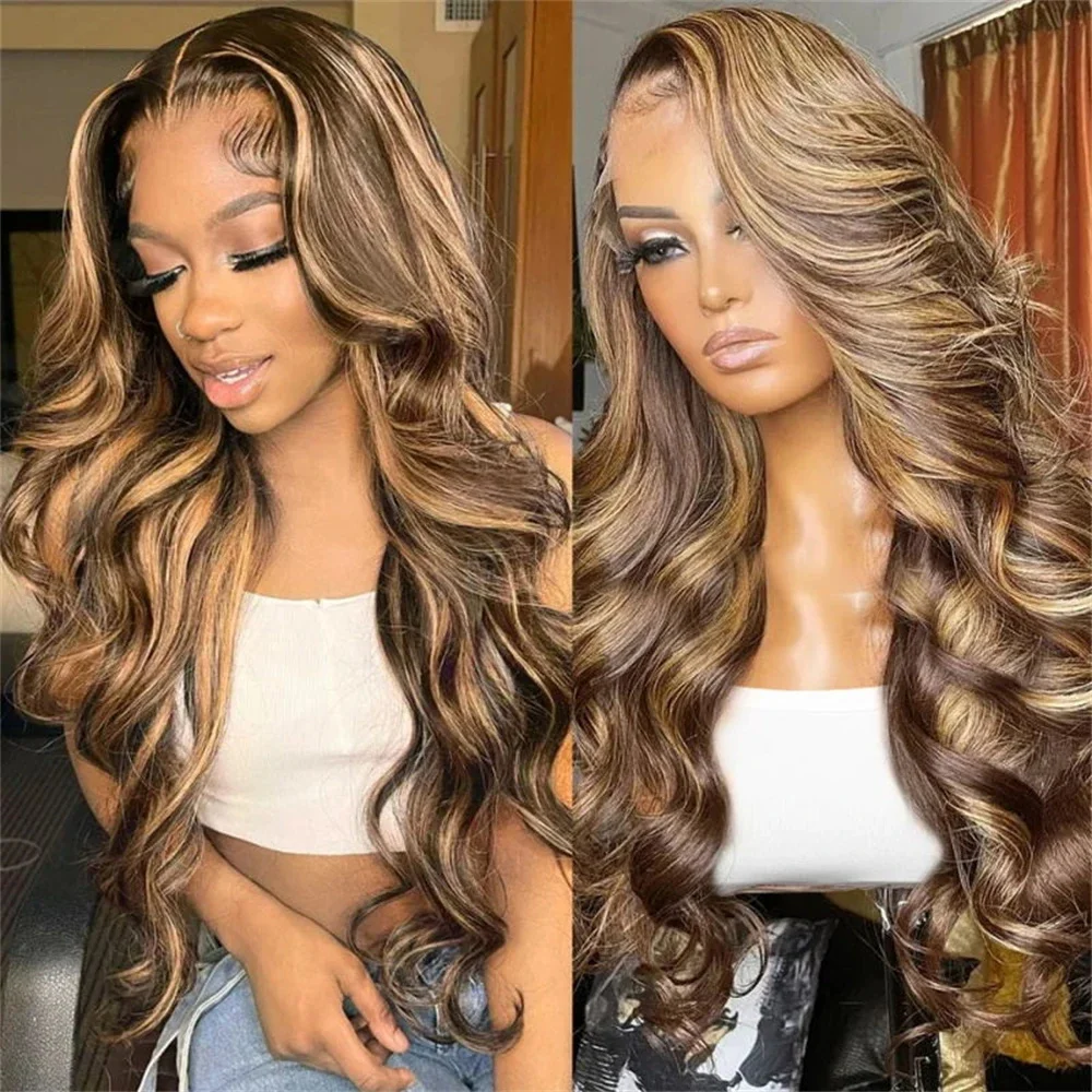 

Highlight Body Wave 13x6 HD Lace Frontal Wig Brazilian Honey Blonde Brown Pre Plucked 13x4 Transparent Lace Front Human Hair Wig