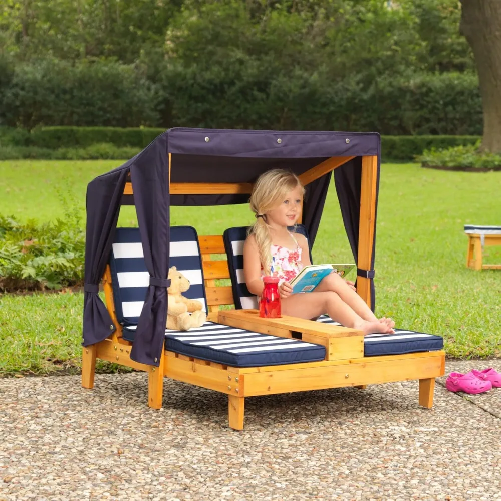 Wooden Outdoor Double Chaise Lounge with Cup Holders, Kid's Patio Furniture, Honey with Navy and White Striped Fabric