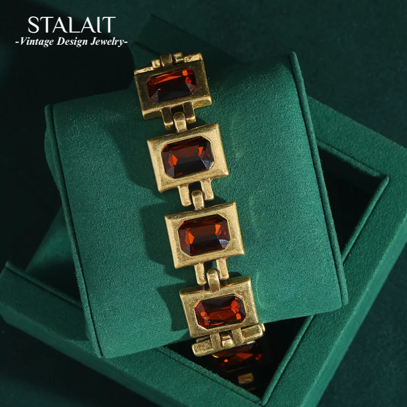 

Vintage Square Orange Crystal Bracelets Natural Stone For Woman Gold Color Antique Wedding Charms Jewelry Bangles High Quality