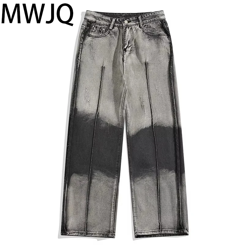 MWJQ American Gradual Spliced Design Men Jeans Niche High Street Loose Worn-out Male Denim Trousers Dark Wide Leg Pants 010037