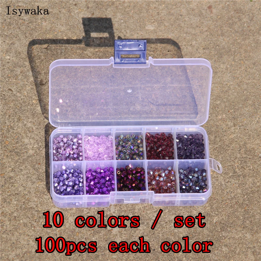 Isywaka Purple color 10colors/set 4mm Austria Crystal Beads Bicone Stone Jewelry Findings Glass,total 1000pcs