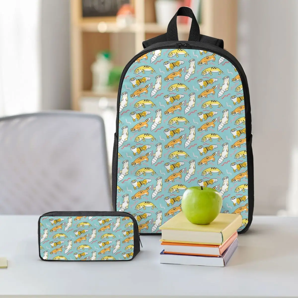 الأصفر ليوبارد أبو بريص الكرتون الحيوان نمط على ظهره طالب بنين بنات BookBag حقيبة مدرسية 3ps معزول حقيبة الغداء مقلمة