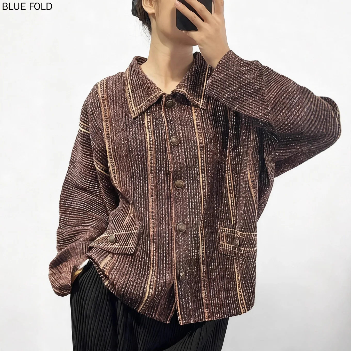 Chaqueta vaquera con estampado arrugado para mujer MIYAKE PLEATS, sensación de gama alta, abrigo grueso holgado de talla grande para otoño e invierno