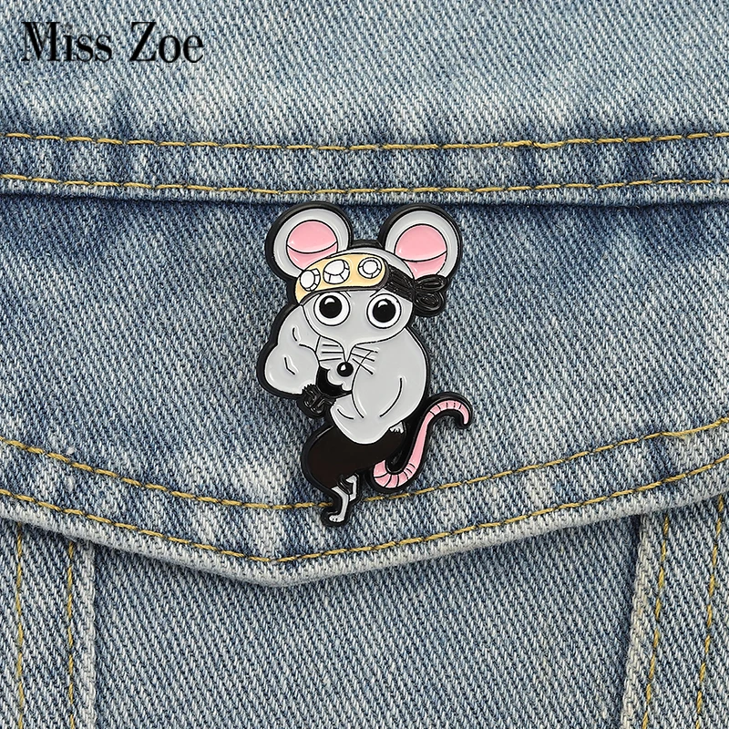Fitness Muscle Mouse Enamel Pins Custom Japanese Anime Brooches Lapel Badges Clothes Animal Jewelry Gift for Friends