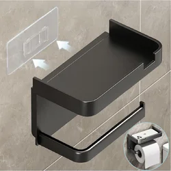 ABS Toilet Paper Holder Black No Drill Kitchen Storage Bathroom Accessories Self-Adhesive Wall Mounted Tissue Rack Mobile Shelf