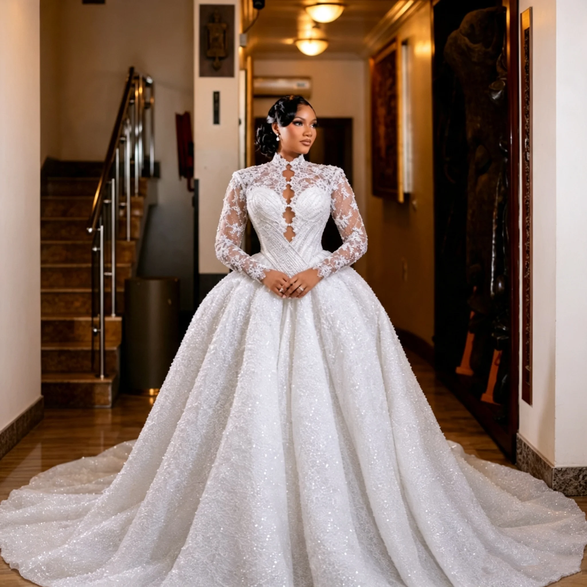 White High Collar Long Sleeve Lace Wedding Dress Sparkling Beads Cathedral Train Ball Dress Luxury A-line Bride Dress Customized