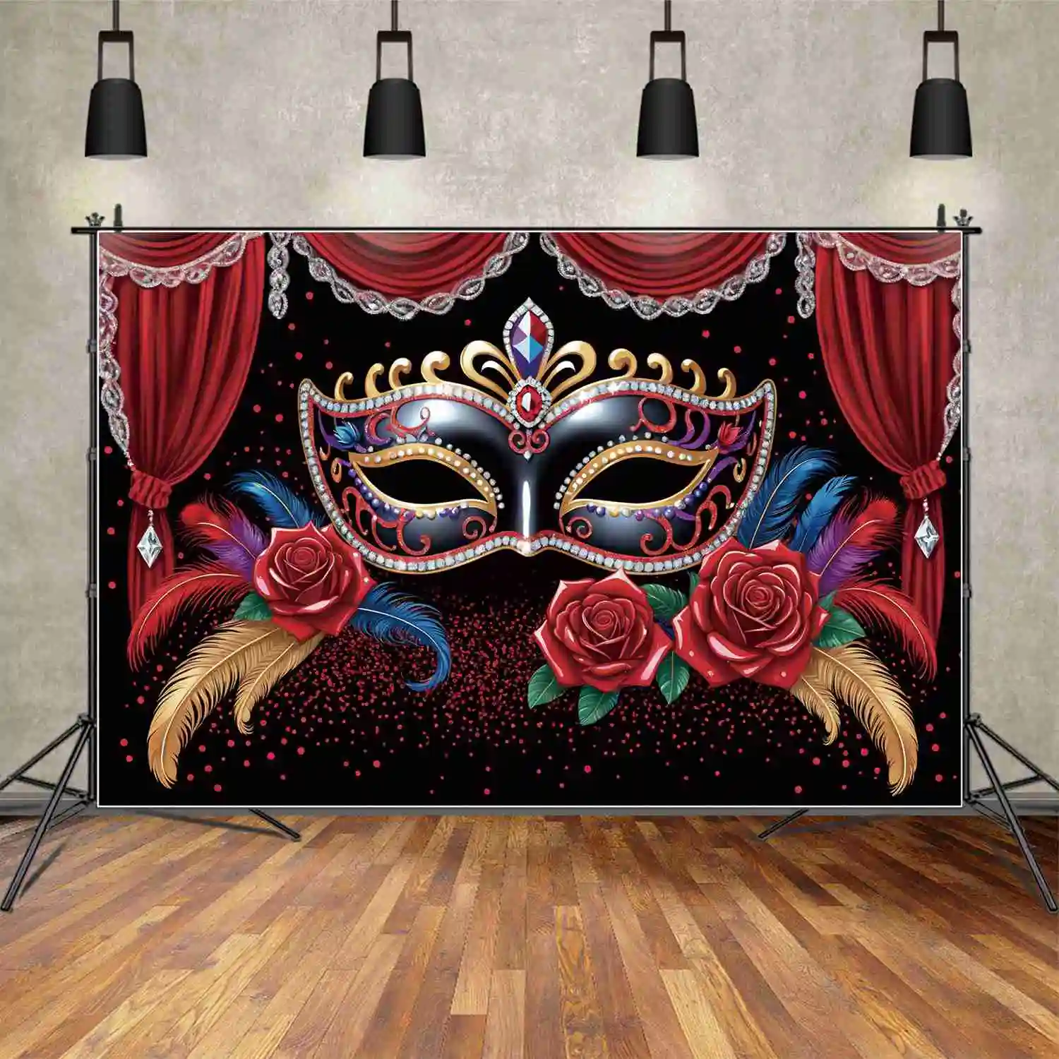 MOON.QG Mardi Gras Carnival Party Backdrop Photography Masquerade Deco Background Red Curtain Mask Feather Glitter Poster Banner