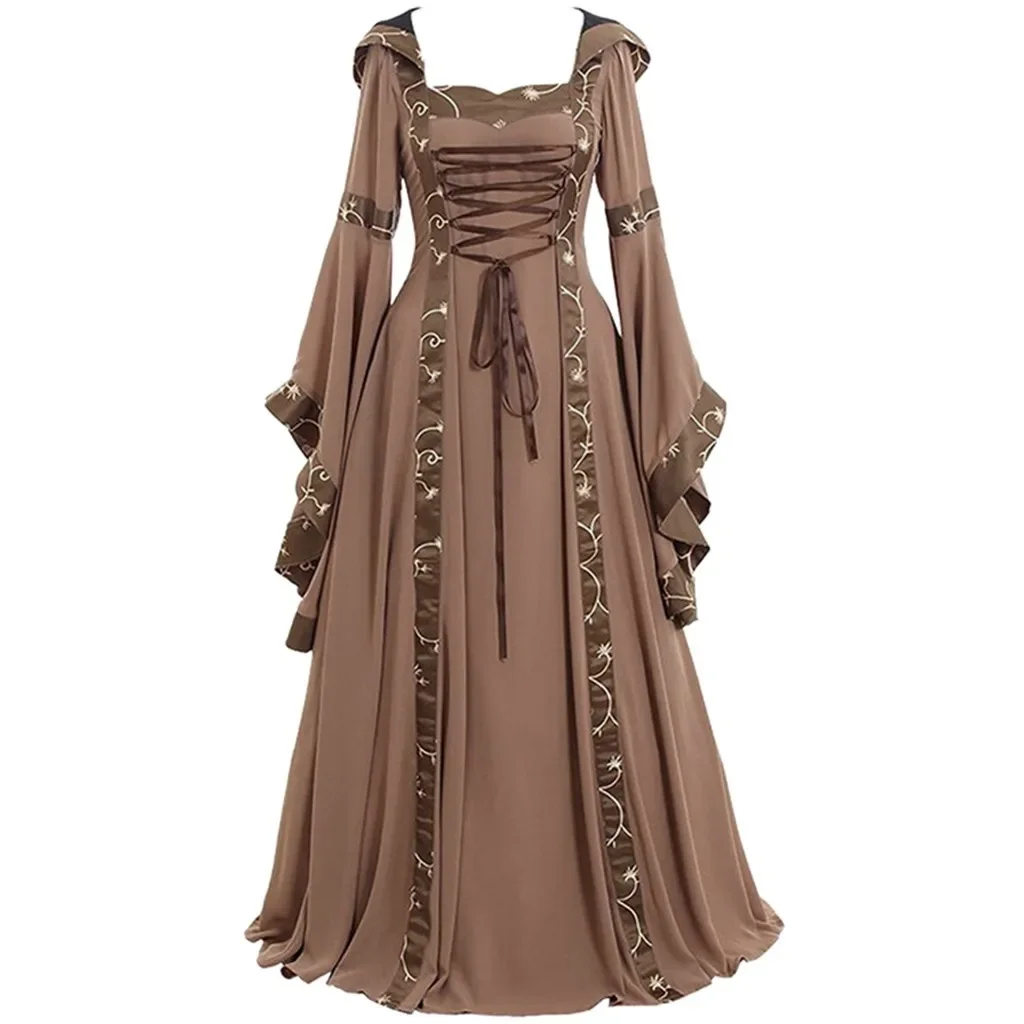 Square Neck Tie Waist and Trumpet Sleeves Festival Clothing New European and American Costumes Medieval Retro Dress Long Skirt