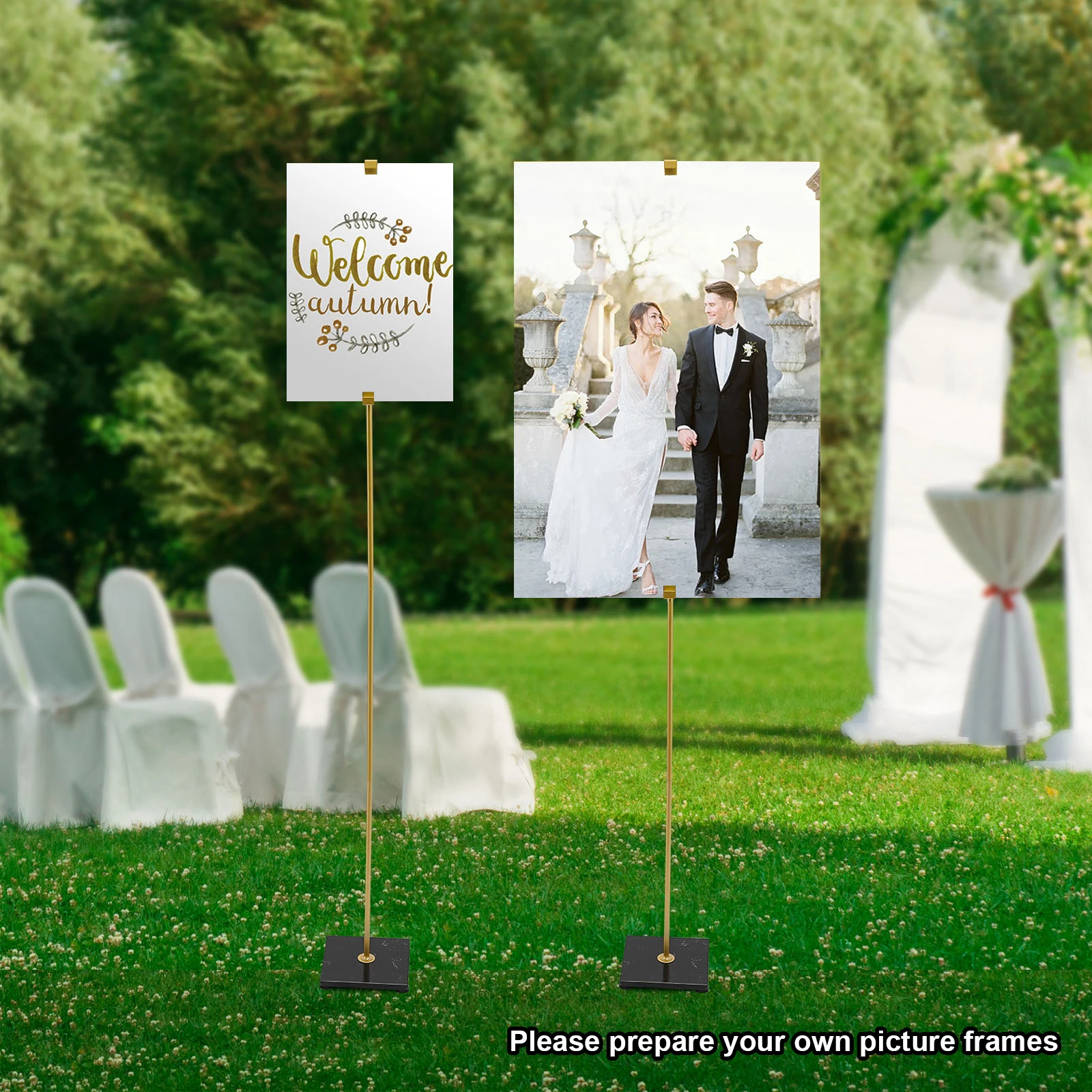 

2 золотых свадебных напольных стойки для вывесок, напольная стойка для плакатов с мраморным основанием, регулируемая по высоте напольная подставка для демонстрации.