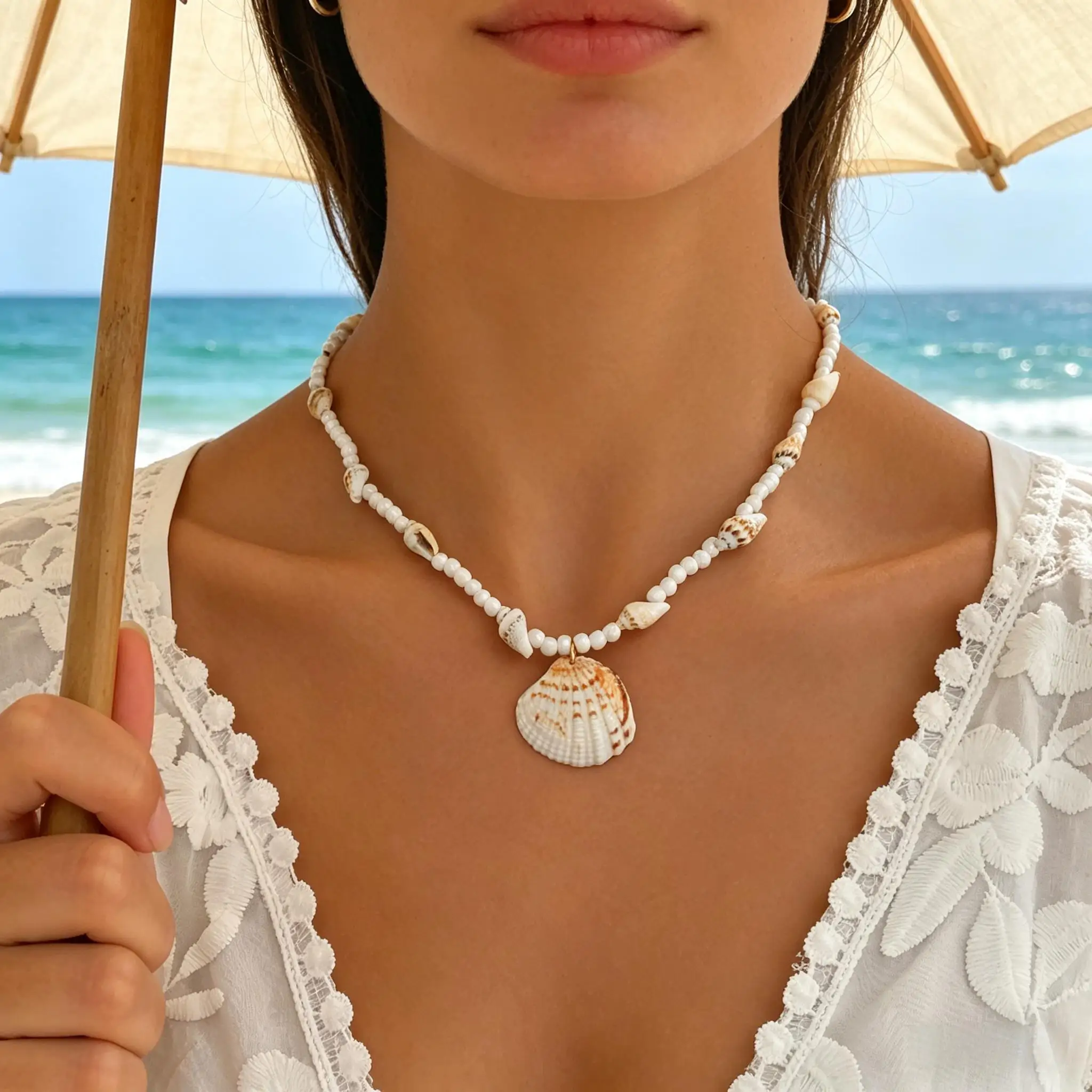 Seashell Beaded Choker Necklace Boho Beach Adjustable Summer Vacation Jewelry for Women Daily Wear