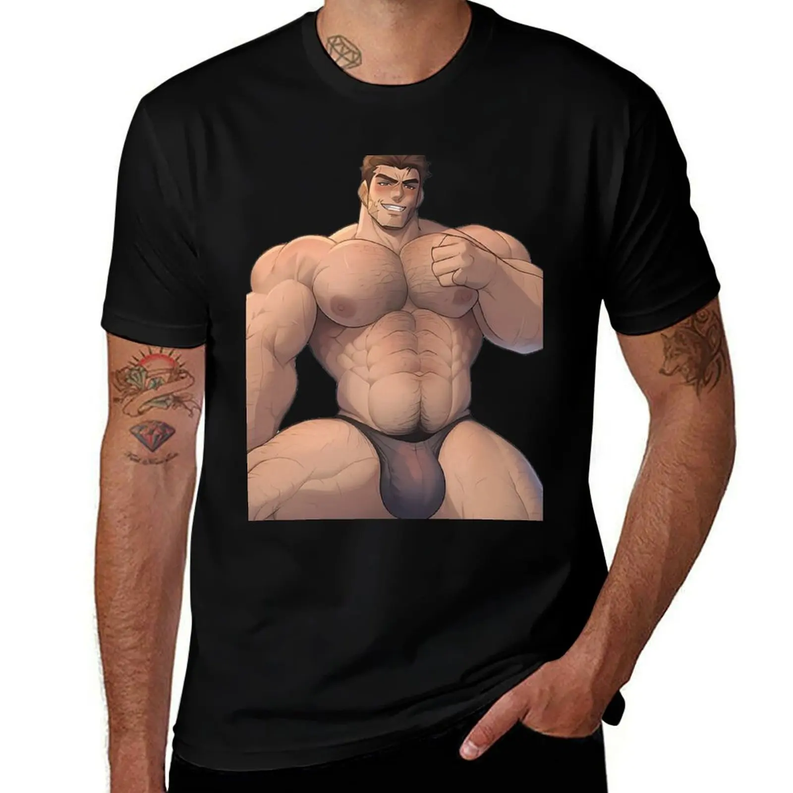 تي شيرت سميك من Beefy Muscular Bara Bulge (تم إنشاق الذكاء الاصطناعي) تي شيرت بمقاس كبير ملابس رياضية كبيرة الحجم تي شيرت بقصة ضيقة للرجال