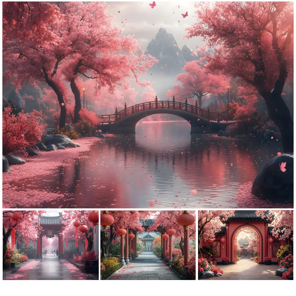 Spring Cherry Blossoms Backgrounds for Photographs Chinese Garden Flowers Bridge Kids Birthday Wedding Portrait Photo Backdrop