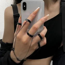 Punk Style Black Color Chain Wrist Rings for Women Men Charm Hip Hop Geometric Chain Open Rings Set Couple 2023 Trend Jewelry