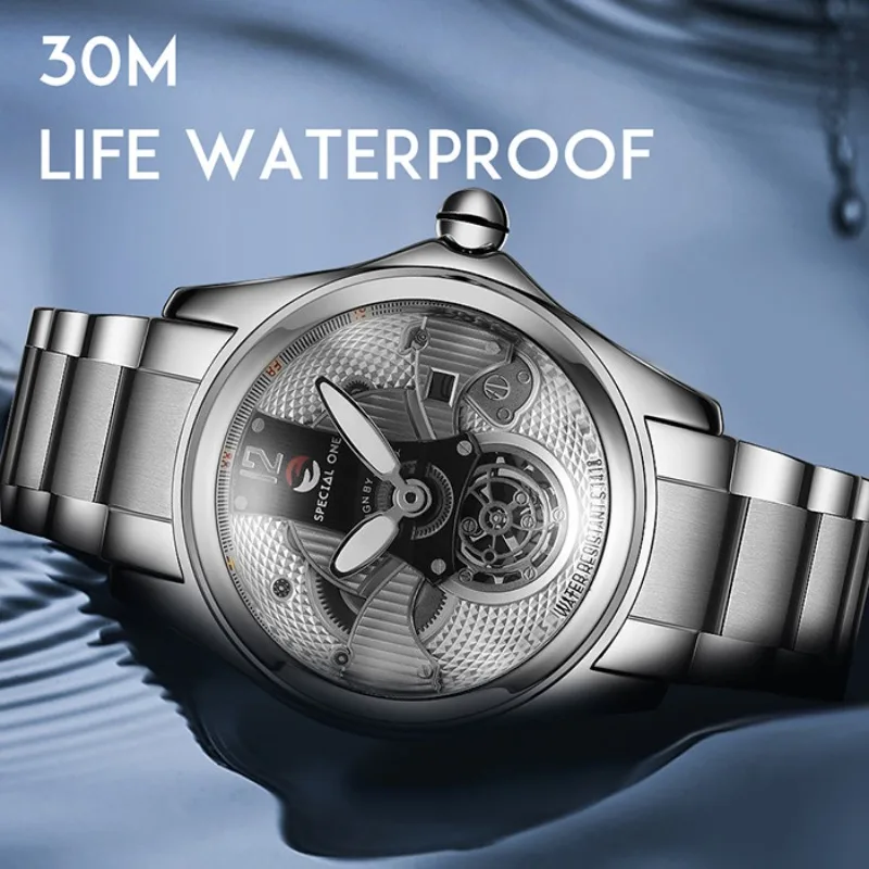 أزياء عارضة 46mm الميكانيكية الرياضية الرجال ووتش للماء حزام ناقل من الفولاذ ريترو تريند رجال الأعمال الساعات