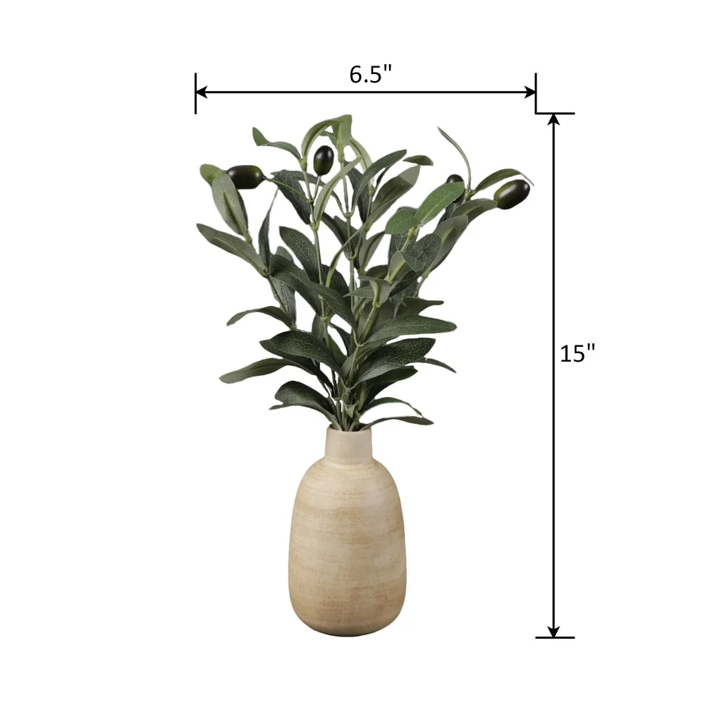 15 Inch Artificial Olive Plant in Wood Finish Ceramic Vase Lifelike Tabletop Decoration Elegant Home Office Accent Piece