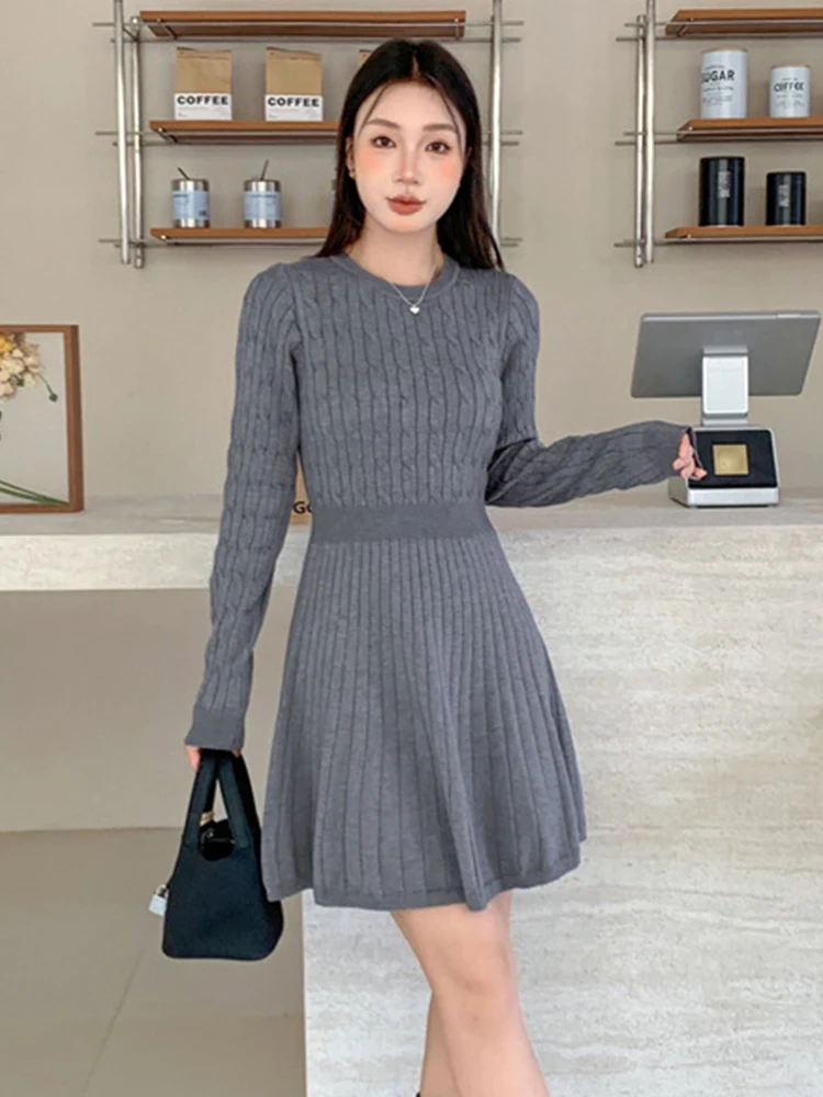 女性ストリート服セーターカジュアルニットシンプルな O ネックスリム A ラインミニショートドレスエレガントな女性 Vestidos 秋冬新