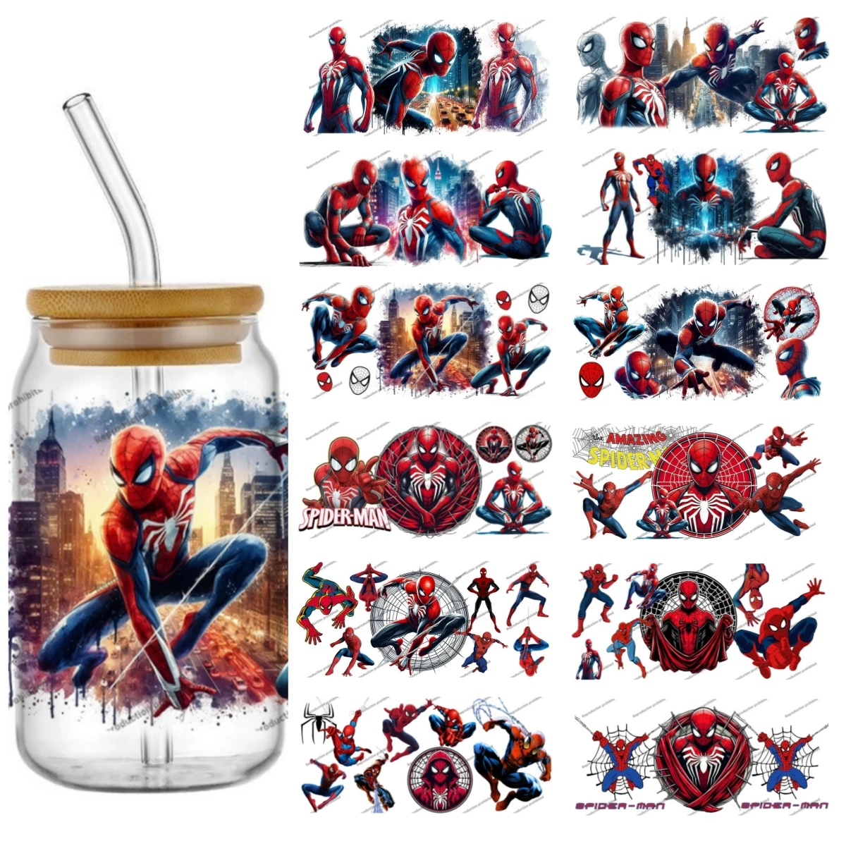 

Miniso Superhero Spider Man pattern easy peel waterproof DIY Decals 3D transfers uv dtf stickers 16oz uv dtf cup wraps