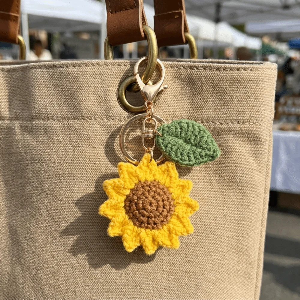 Creative Fabric Crochet Sunflower Pendant With Rope Cotton Knitted Keychain Lobster Clasp Adjustable Bag Lanyard Charm Gift