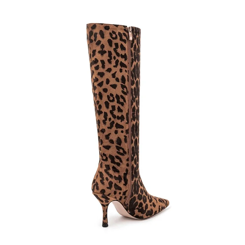 2024 Winter New Fashion Suede Leopard Print Knee Knight Boots for Women Europe and America Zipper High Heels Big Size Shoes 43