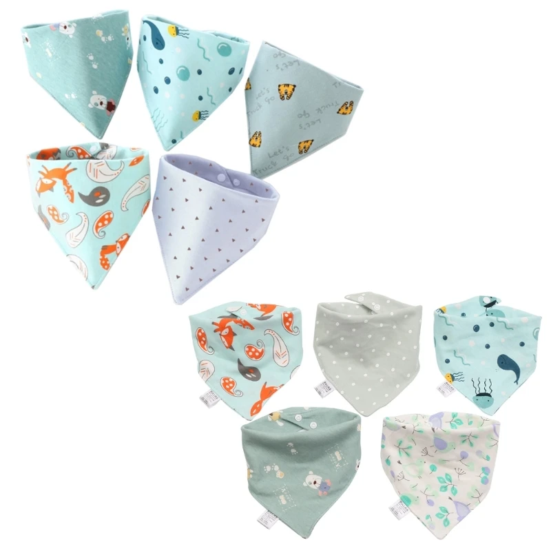 5 Pcs Baby Feeding Drool Bibs Saliva Towel for Triangle Scarves Bandana Soft Cotton Bibs Adjustable Button Burp Cloth for