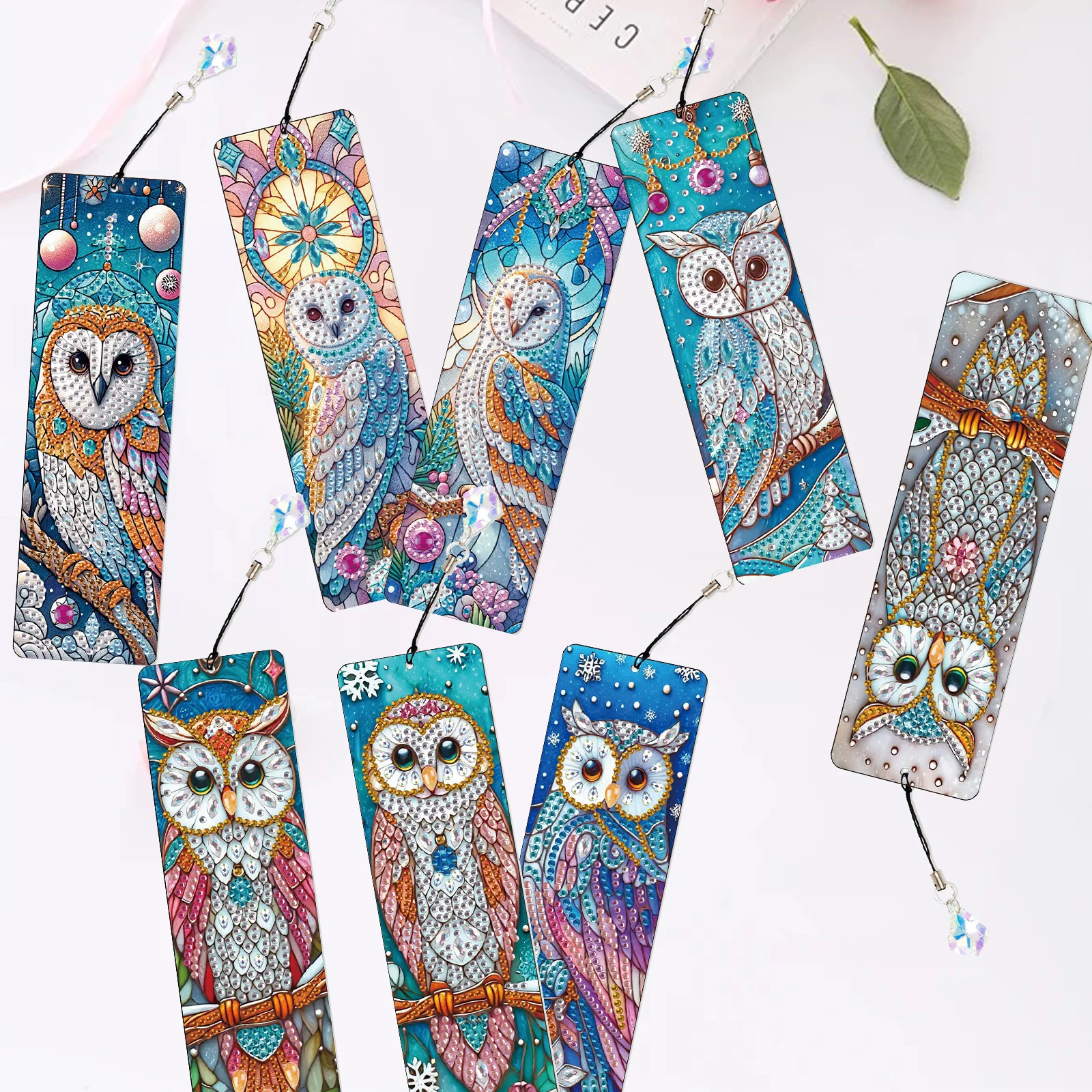 8 Uds kits de marcapáginas de pintura artística de diamante, búho de ojos grandes suministros de colgantes de arte de diamante marcapáginas brillantes regalo de arte de oficina hecho a mano