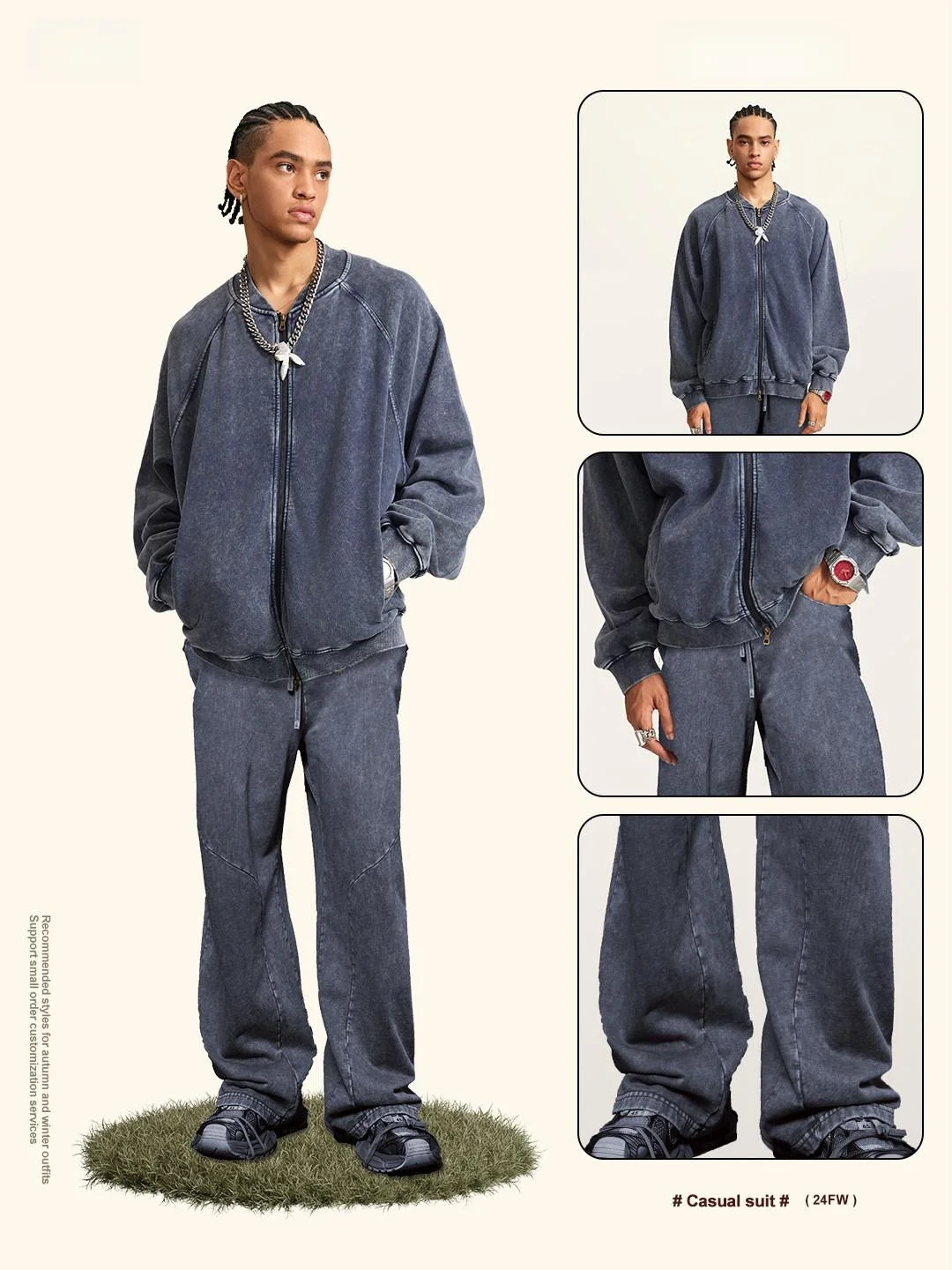 

Autumn Mens Jaet Set American Nature Sle Double Zipper Loose Fit Water Wa Straight Hemline Youth Daily Wear Five Sve...