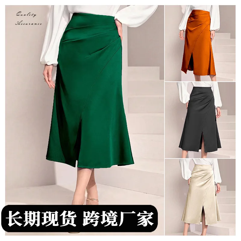 

2025 New Women's Skirt Satin Slit Pleated Slim Hip-covering Elegant Solid Color Office Versatile A-line Skirt for Female