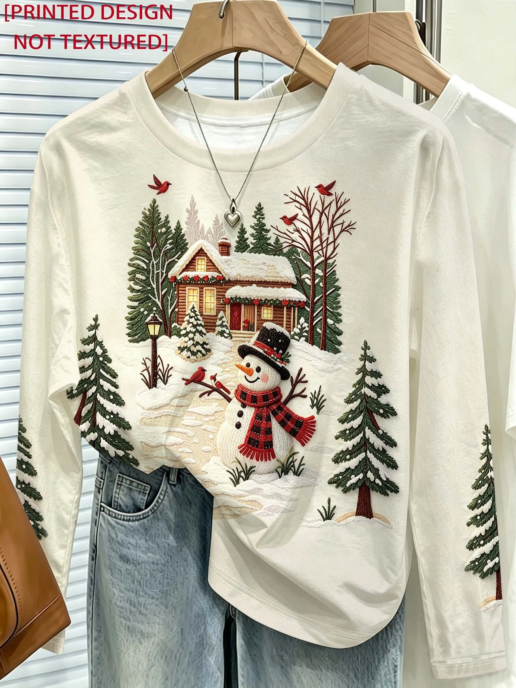 2026 Christmas Women Long Sleeve T Shirt Snowman Cabin Forest Print Round Neck Winter Casual Top Women's Clothes